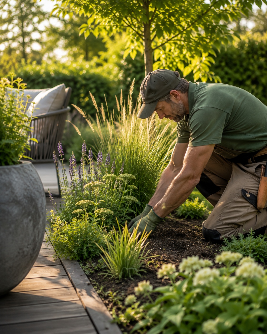 Gärtner von Pflanzenwerk bei der Arbeit in einem gepflegten Garten