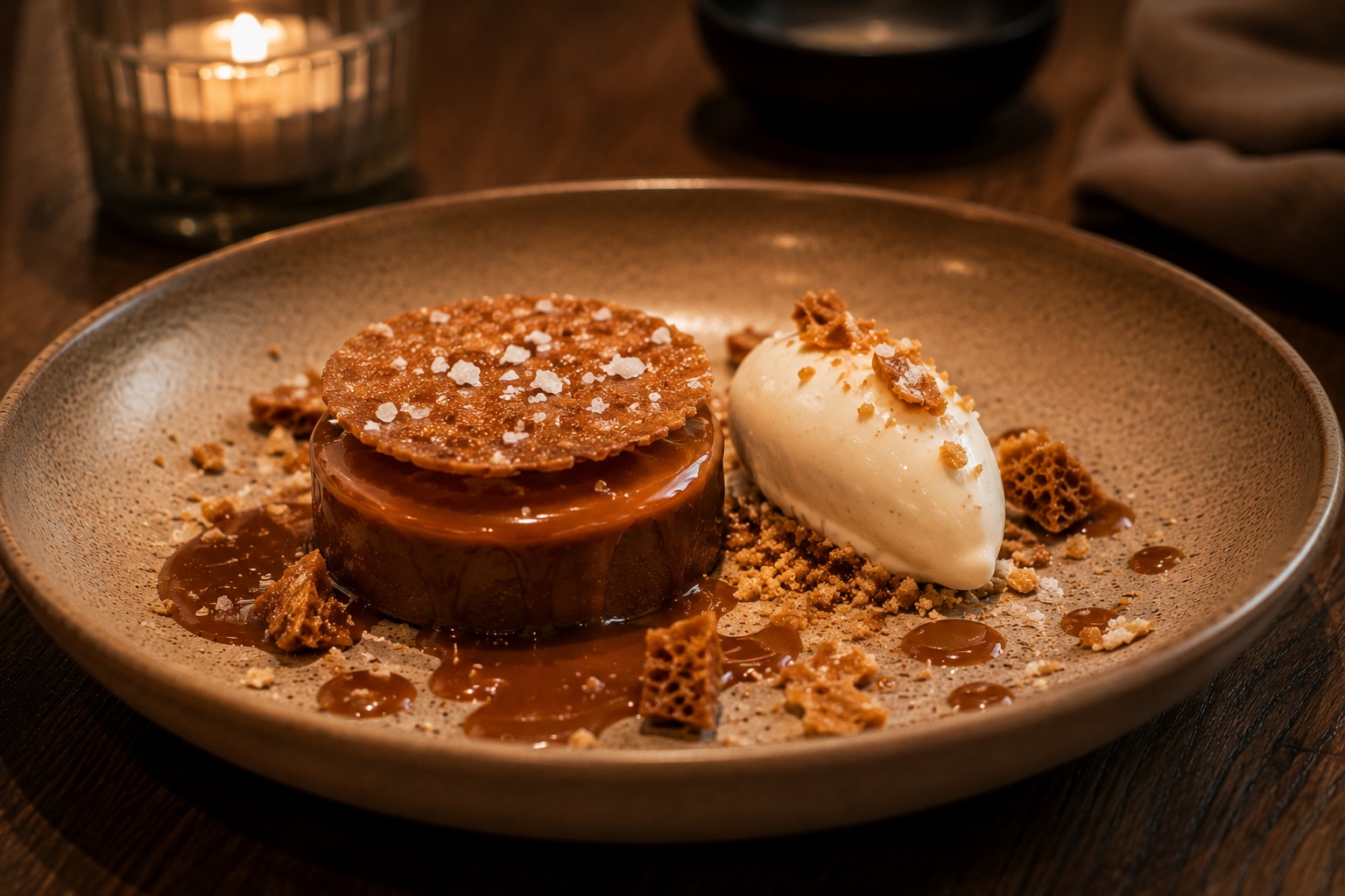 Dessert Karamell und Salz mit Sauerrahm-Eis