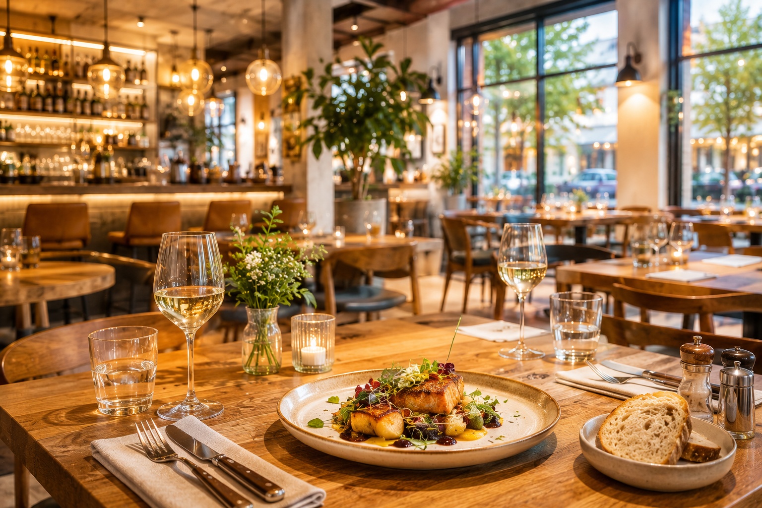 Stimmungsvolles Restaurant-Interieur bei warmem Abendlicht