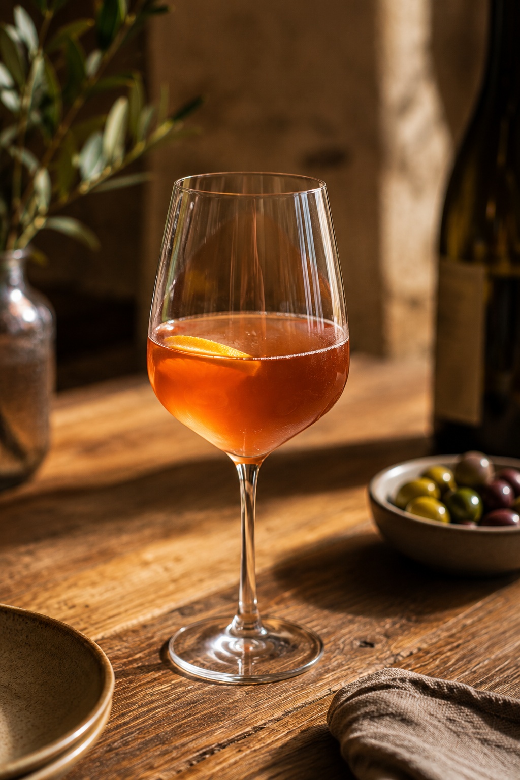 Glas Naturwein auf Holztisch