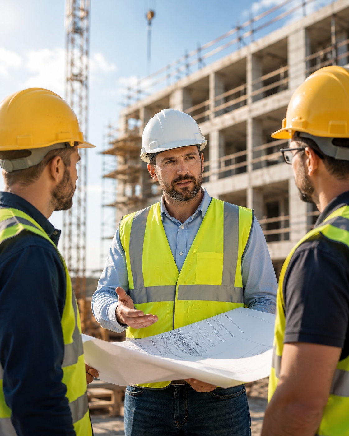 Bauleiter mit Helm und Bauplan auf der Baustelle