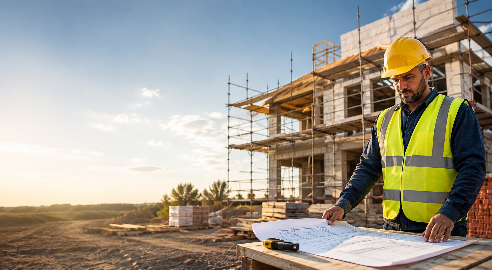 Bauarbeiter mit Helm auf einer Baustelle vor einem Haus im Rohbau