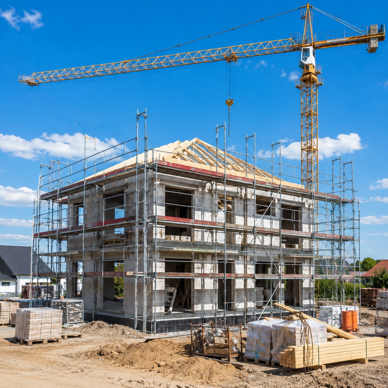 Rohbau eines Hauses mit Baukran und Gerüst